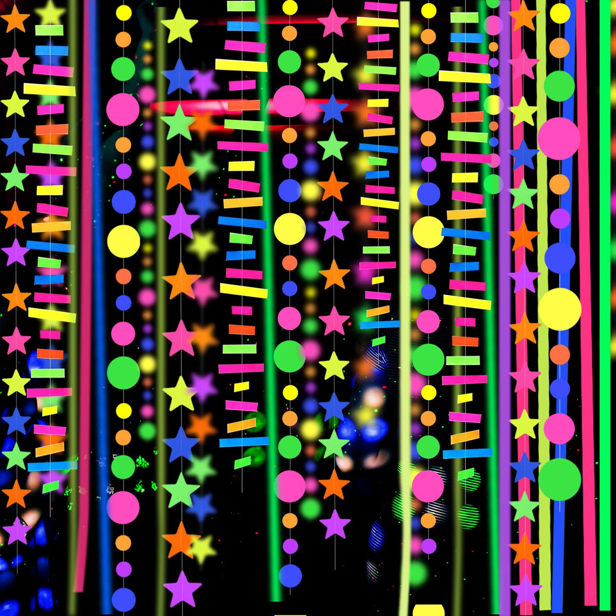 MFLUEEWR 702feet neon garland star glows vividly under UV light for dramatic ambiance.