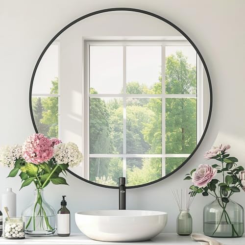 Mfring round black mirror front view enhances room style and light