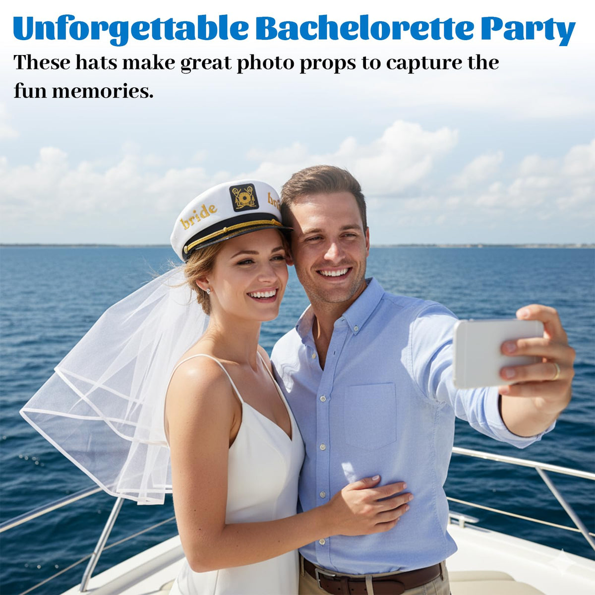 MGupzao Bride Captain Hat with Veil worn on a sunny beach for festive moments