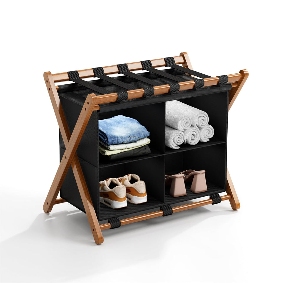 MHACVVO bamboo luggage rack top shelf supports up to 150 lbs for sturdy guest room use.