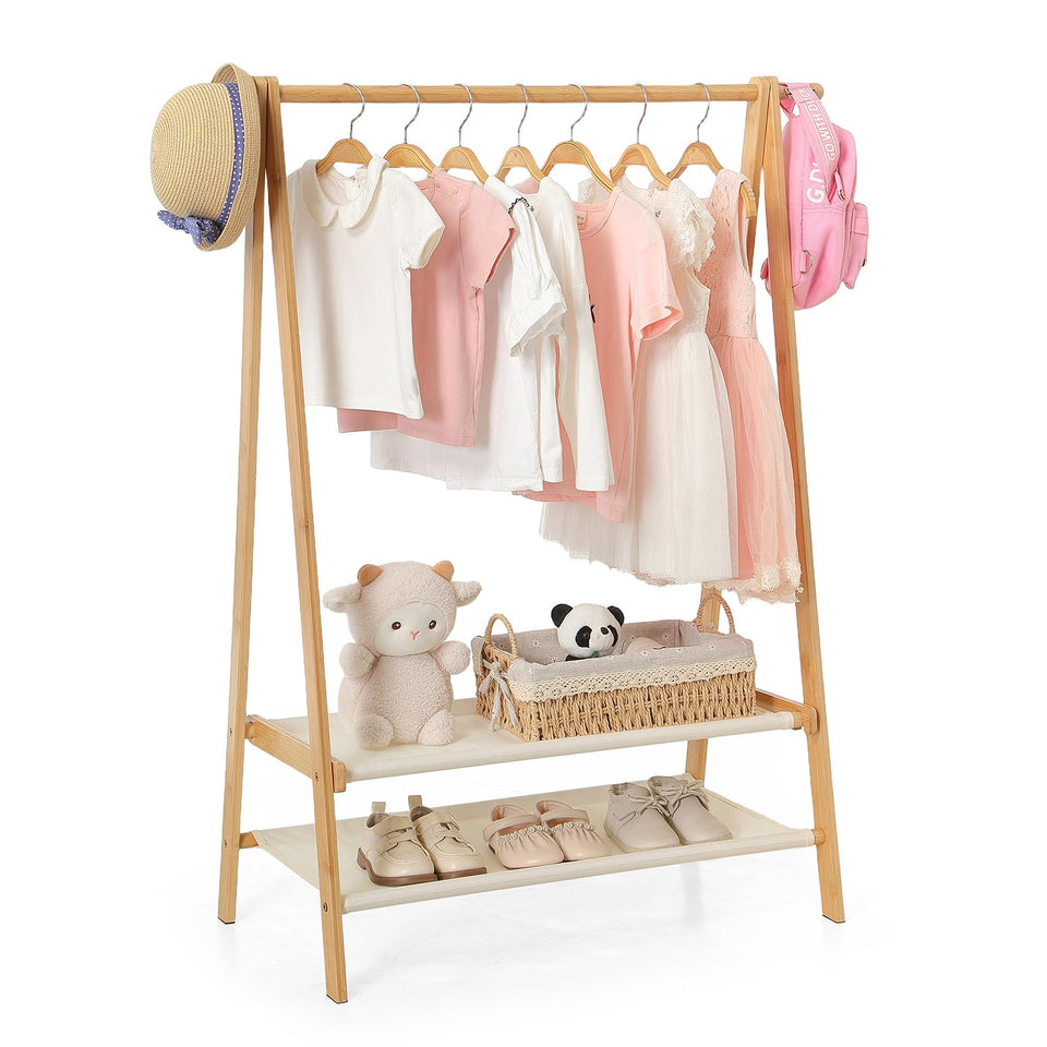 MHACVVO Foldable Kids Clothing Rack main view featuring a sturdy bamboo frame