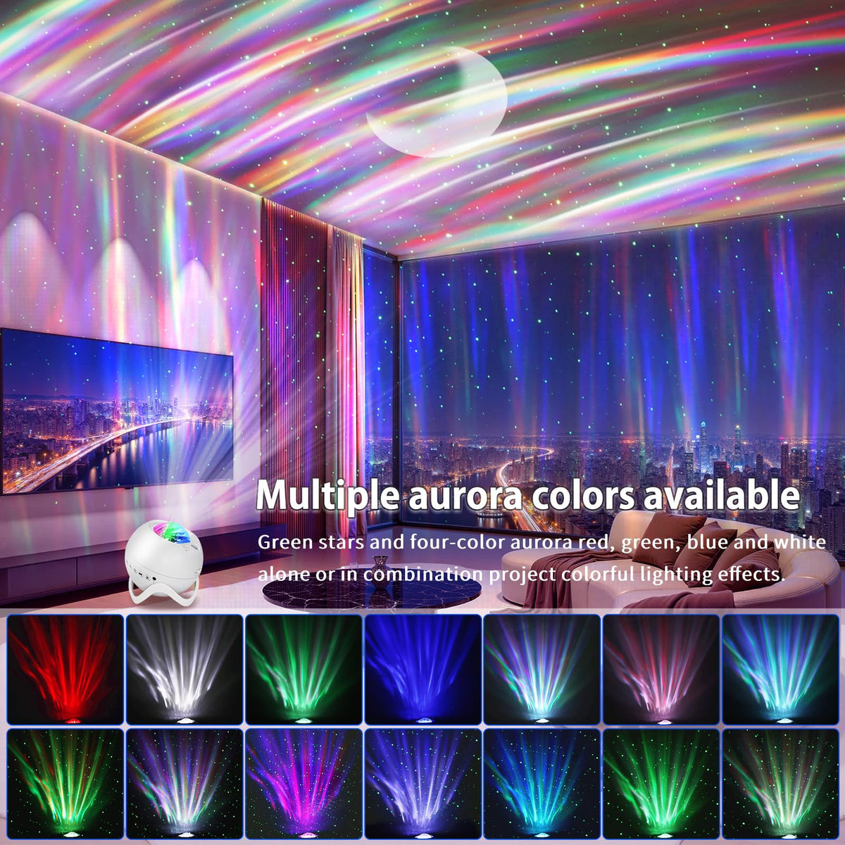MHAZDZE Galaxy Projector displays blue nebula hues for cinematic living room ambience.