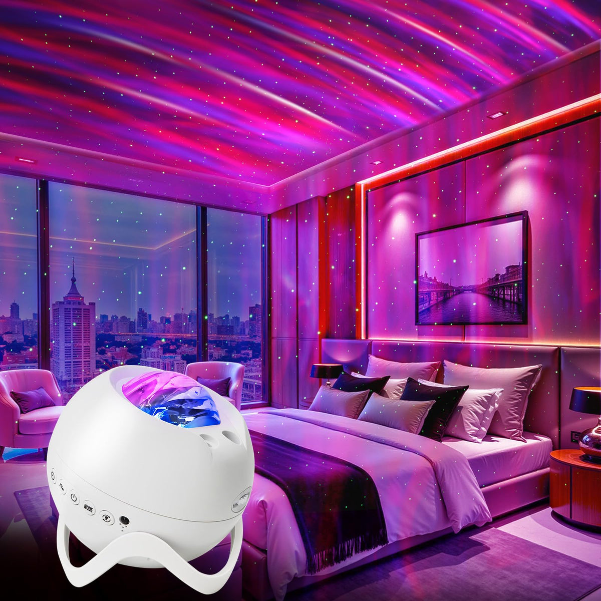 MHAZDZE Galaxy Projector lights ceiling with starry visuals for calming bedroom ambience.