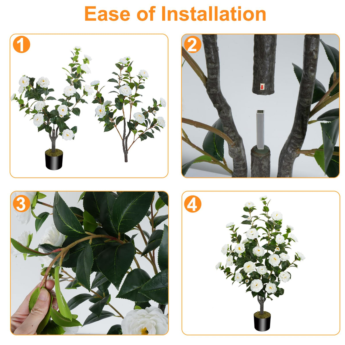 MHMJON camellia tree features a sturdy plastic trunk and cement base for stability.