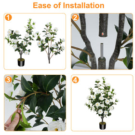 MHMJON camellia tree features a sturdy plastic trunk and cement base for stability.