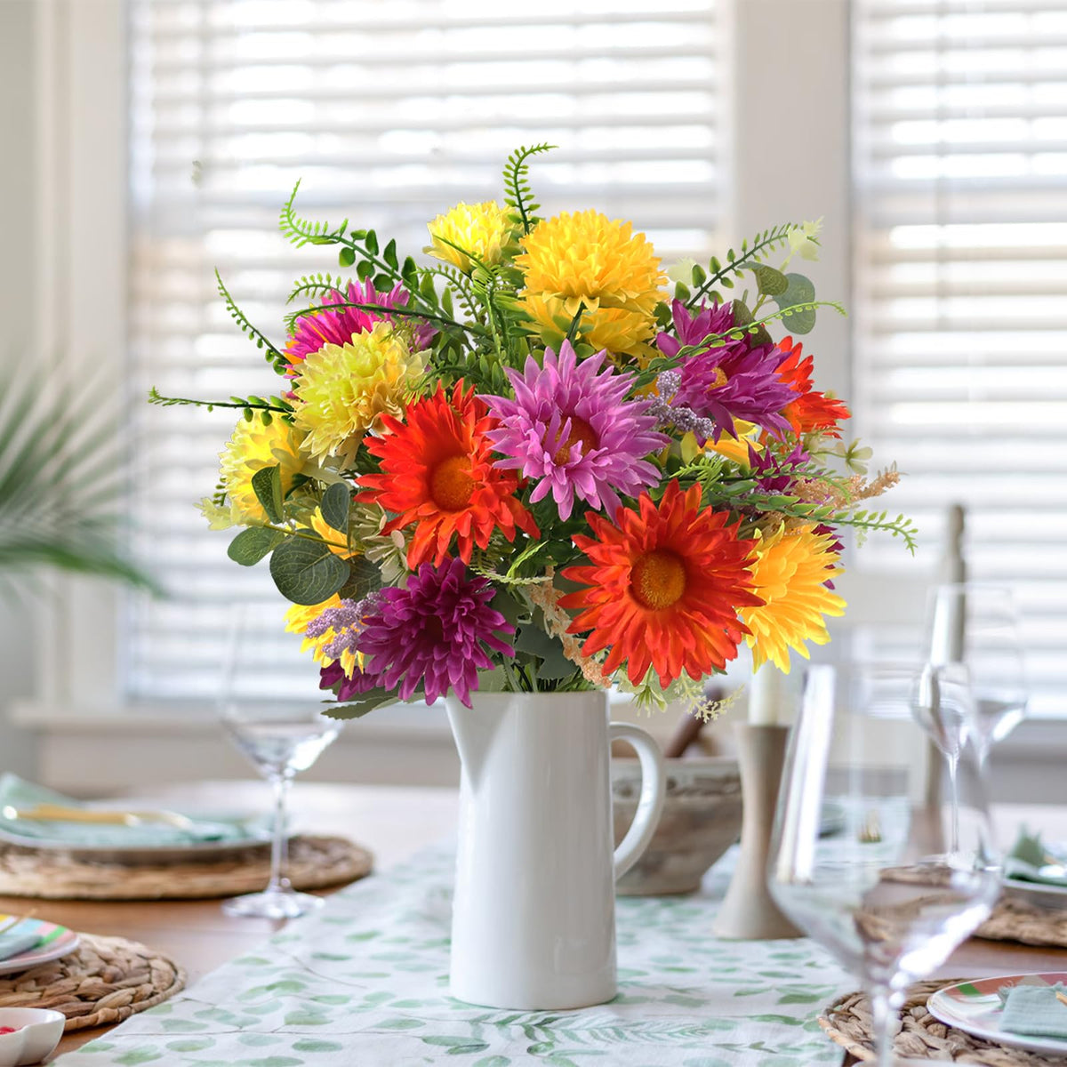 MHMJON detailed silk flower arrangement with green leaves
