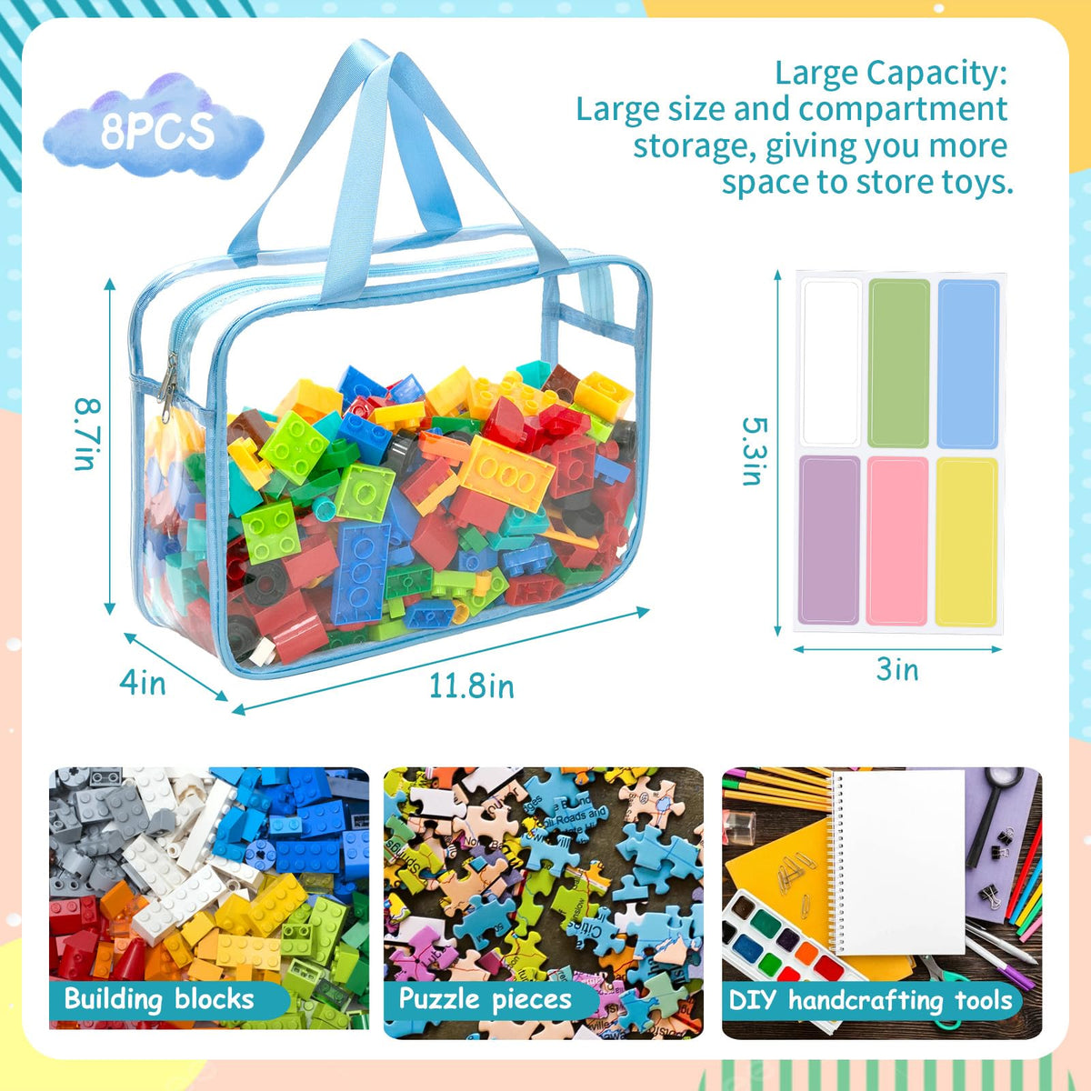 Mhtdet puzzle-piece storage bags showing contents at a glance for quick setup.
