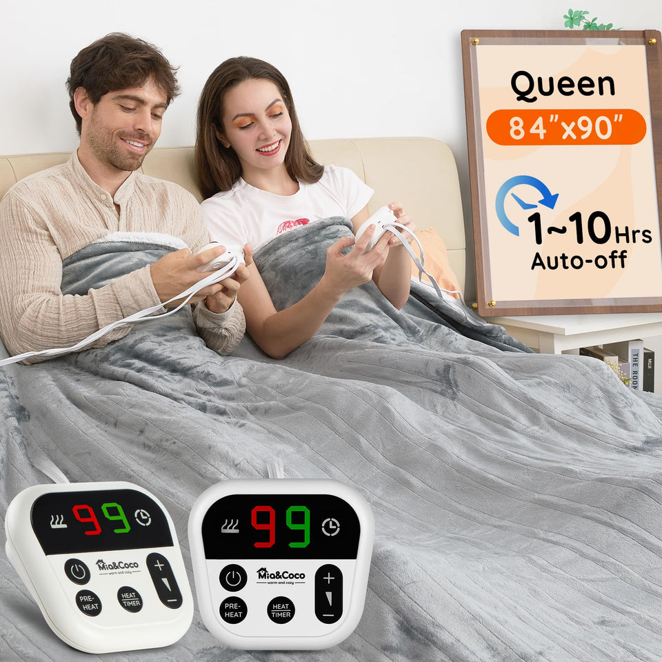 Mia&Coco queen heated blanket with dual control for customizable warmth across the bed