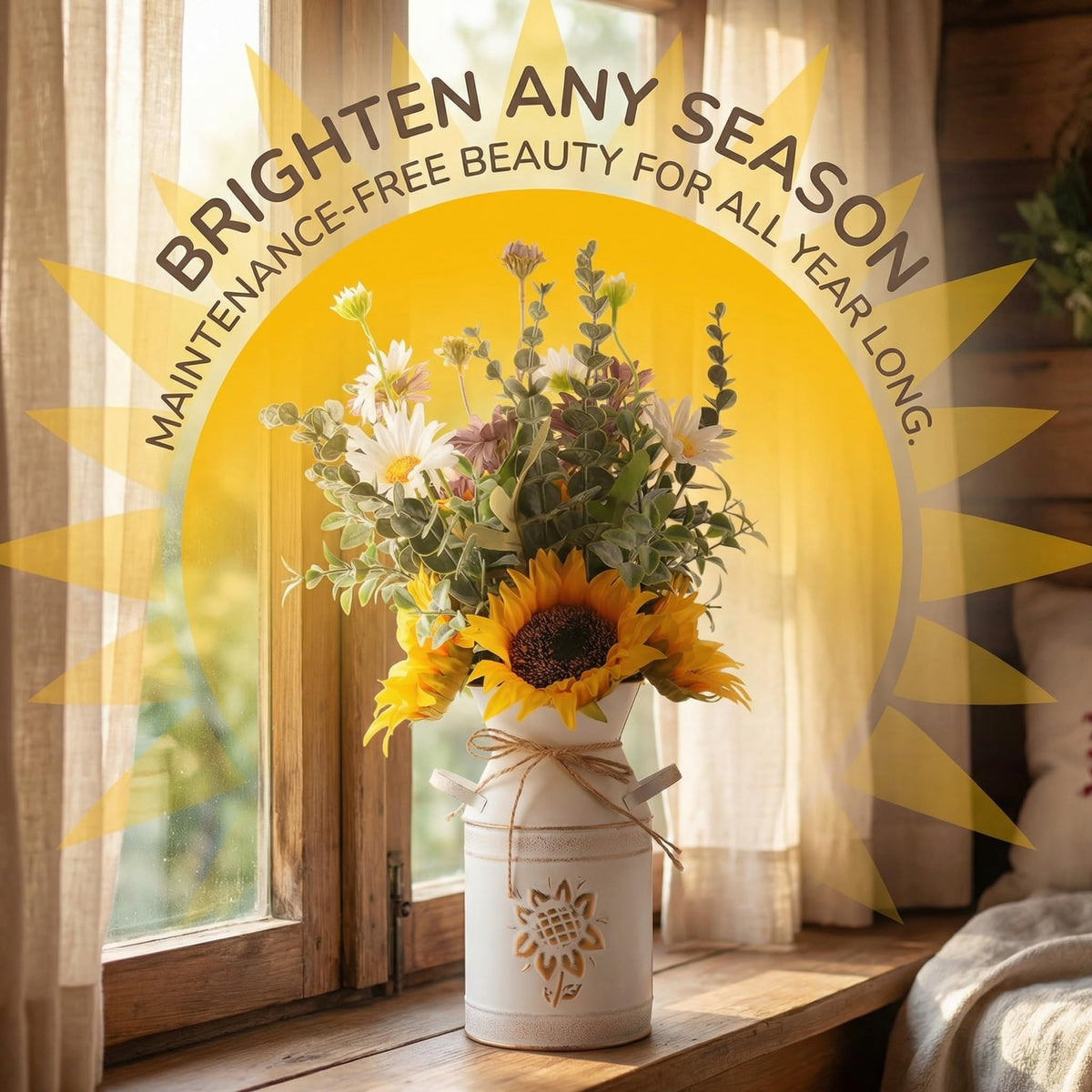 MiaTen bouquet in a box—pre-arranged artificial sunflowers and daisies for instant display.