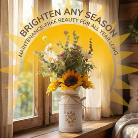 MiaTen bouquet in a box—pre-arranged artificial sunflowers and daisies for instant display.
