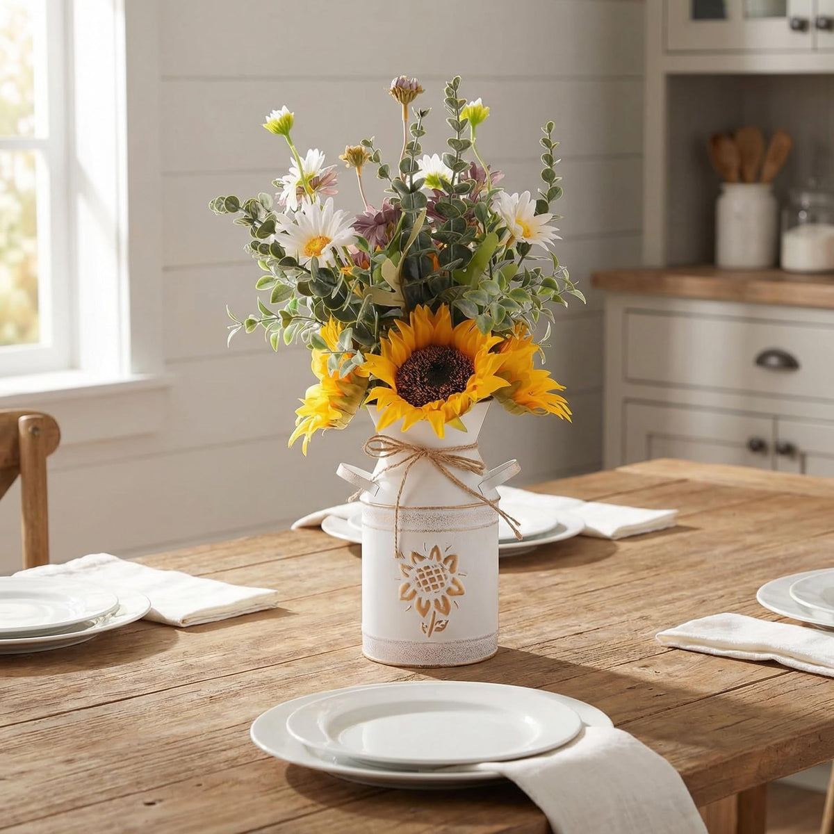 MiaTen metal vase with sunflower-shape and rope twine—sturdy centerpiece.