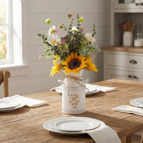 MiaTen metal vase with sunflower-shape and rope twine—sturdy centerpiece.