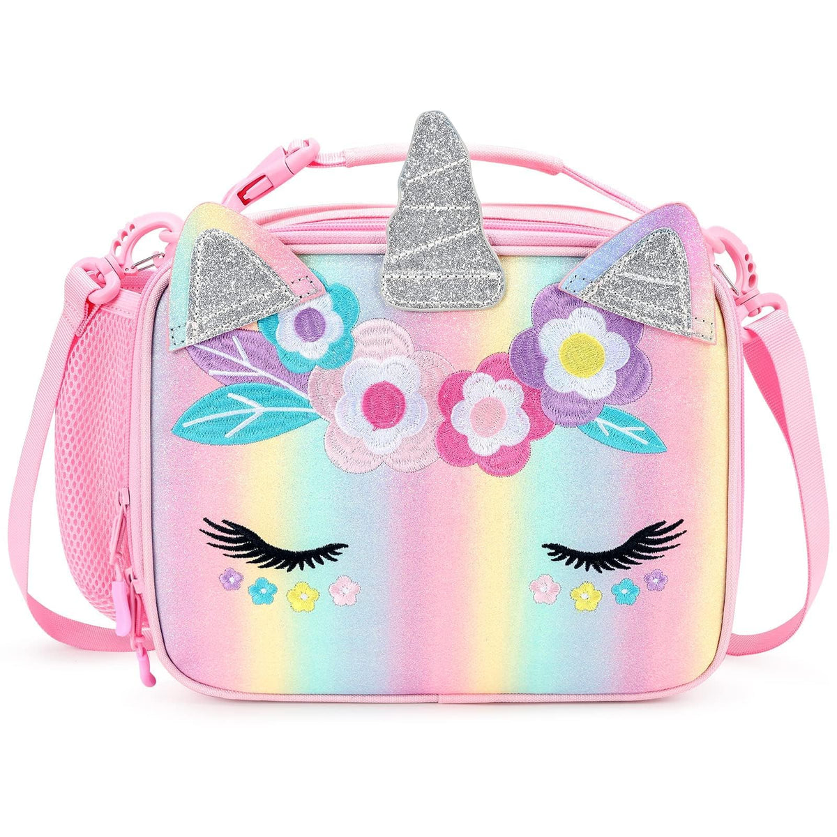 Mibasies unicorn lunch bag pink-blue-rainbow front view, kid-friendly for school lunches.