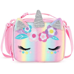 Mibasies unicorn lunch bag pink-blue-rainbow front view, kid-friendly for school lunches.