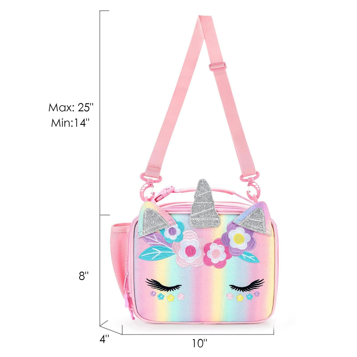 Mibasies unicorn lunch bag adjustable shoulder strap enables hands-free carrying.