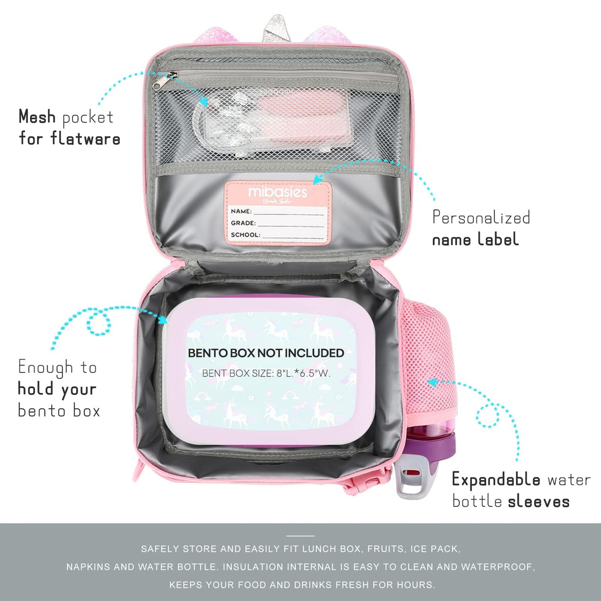 Mibasies unicorn lunch bag water bottle holder keeps drinks within reach during outings.