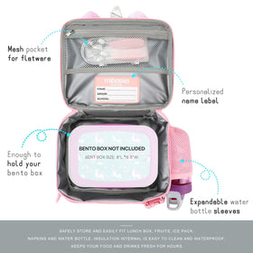 Mibasies unicorn lunch bag water bottle holder keeps drinks within reach during outings.