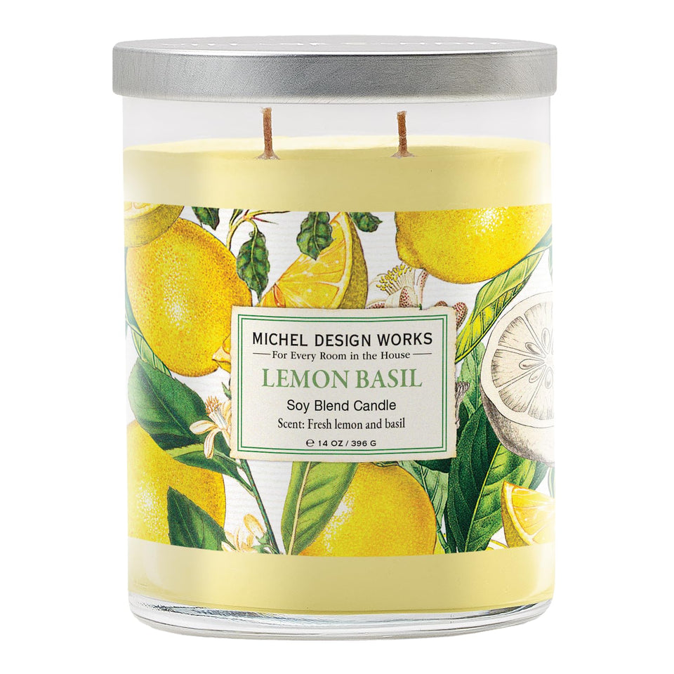 Michel Design Works Lemon Basil candle offers a refreshing citrus-herbal aroma for uplifting kitchens and living spaces.
