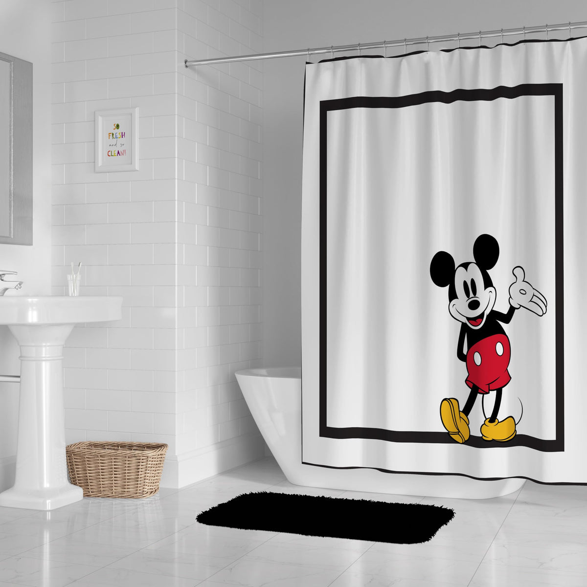 Close-up of Mickey Mouse pattern on curtain showing classic Disney design