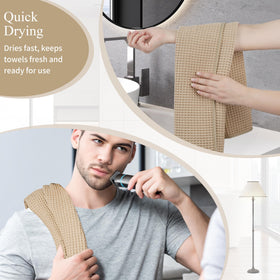 Microfi beige towels in a bathroom setup for easy, everyday use.