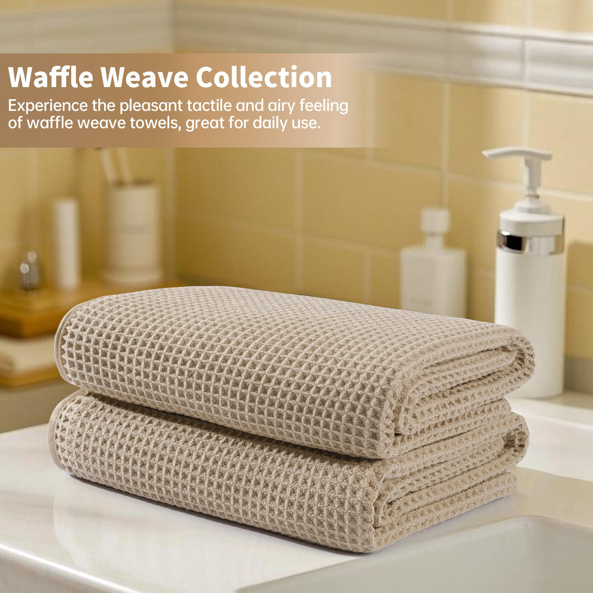 MICROFI easy-care beige towels are machine washable and dryable for convenience.