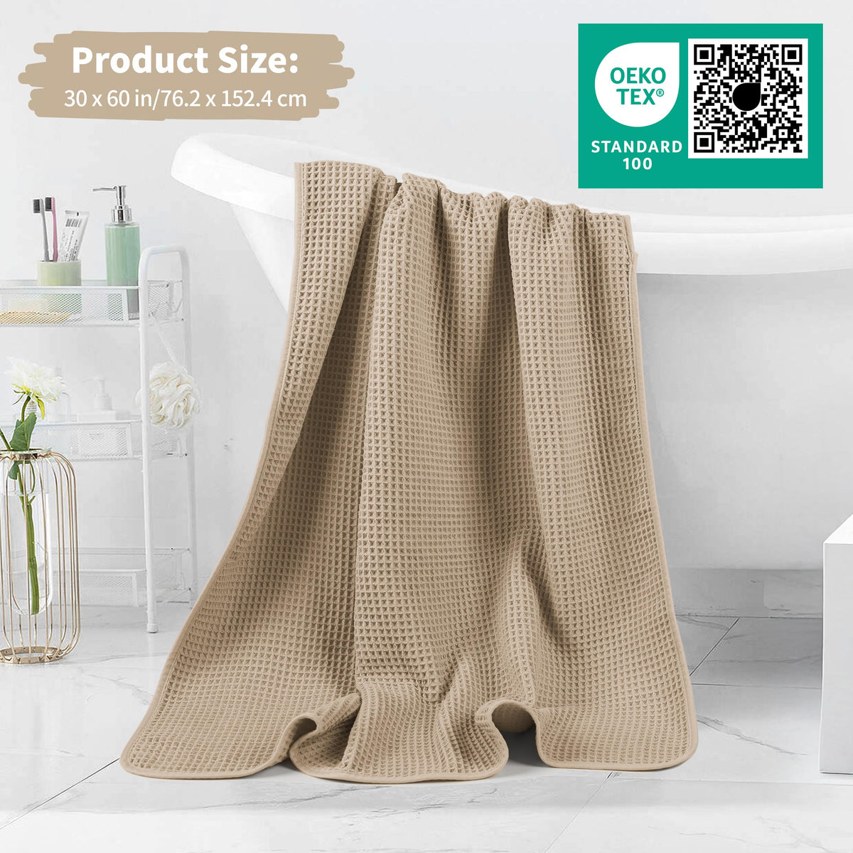 MICROFI lint-free waffle towel detail in beige emphasizes clean feel.