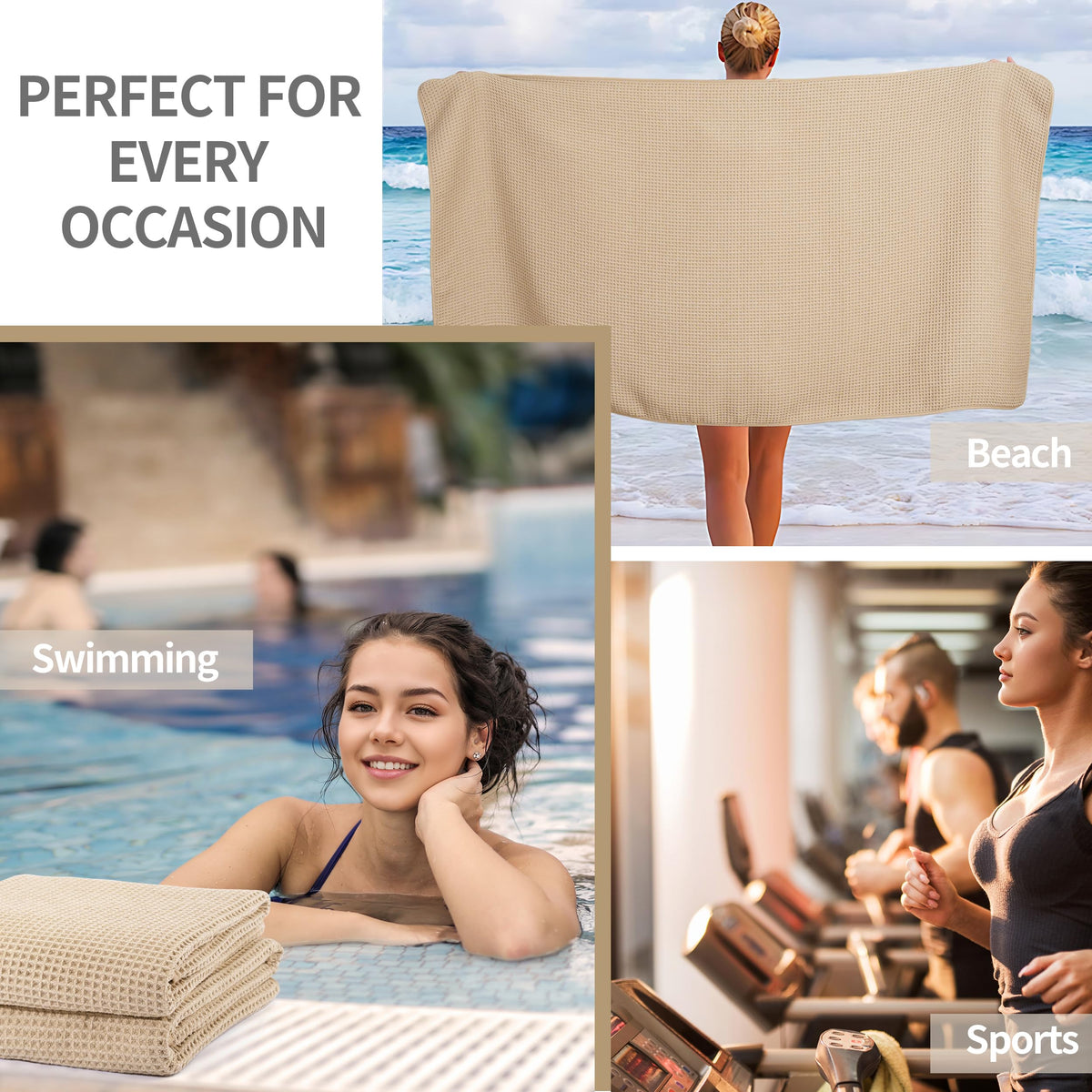 MICROFI versatile towels suit home, gym, and beach needs in beige.