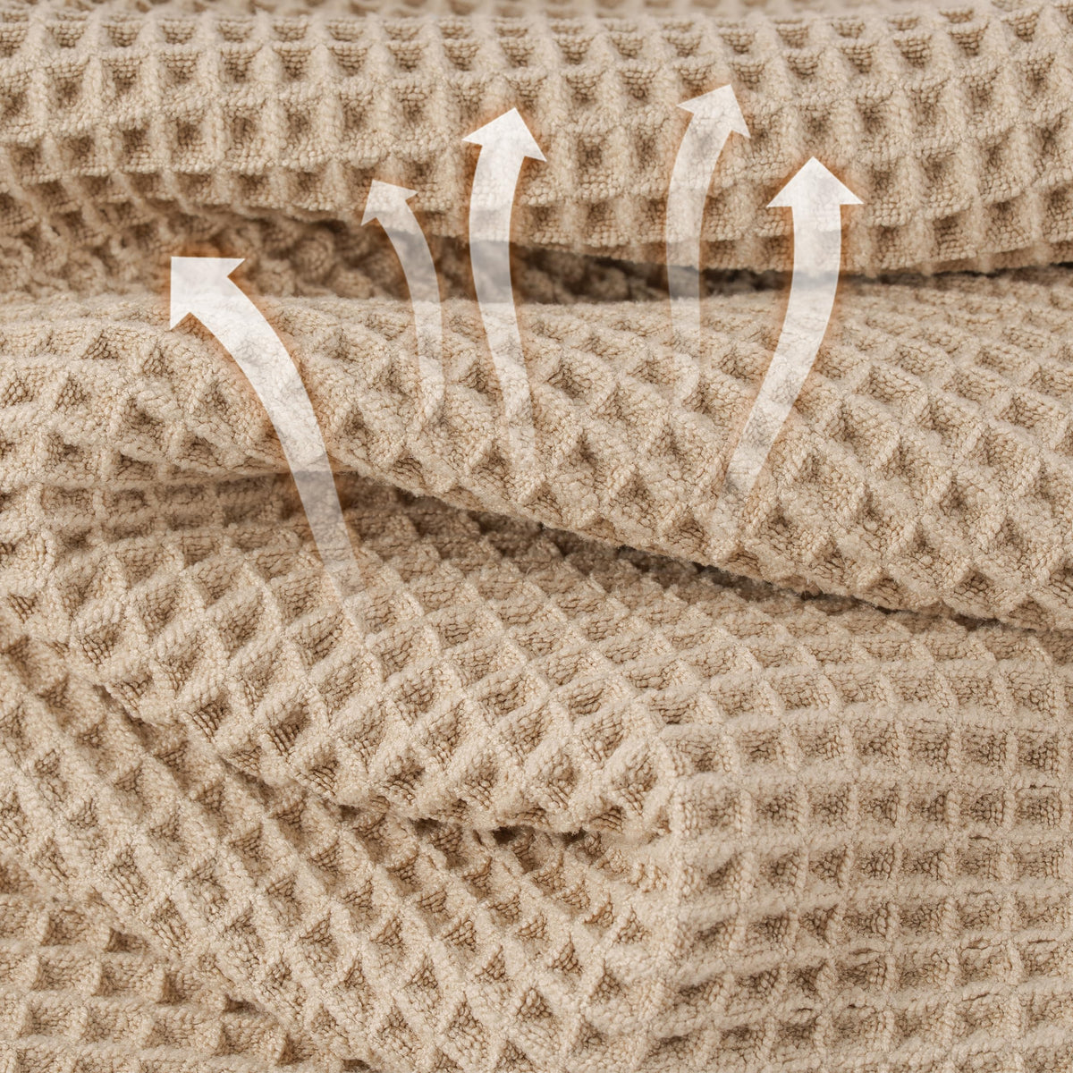 MICROFI waffle weave close-up beige towels show plush texture and quick-dry performance.