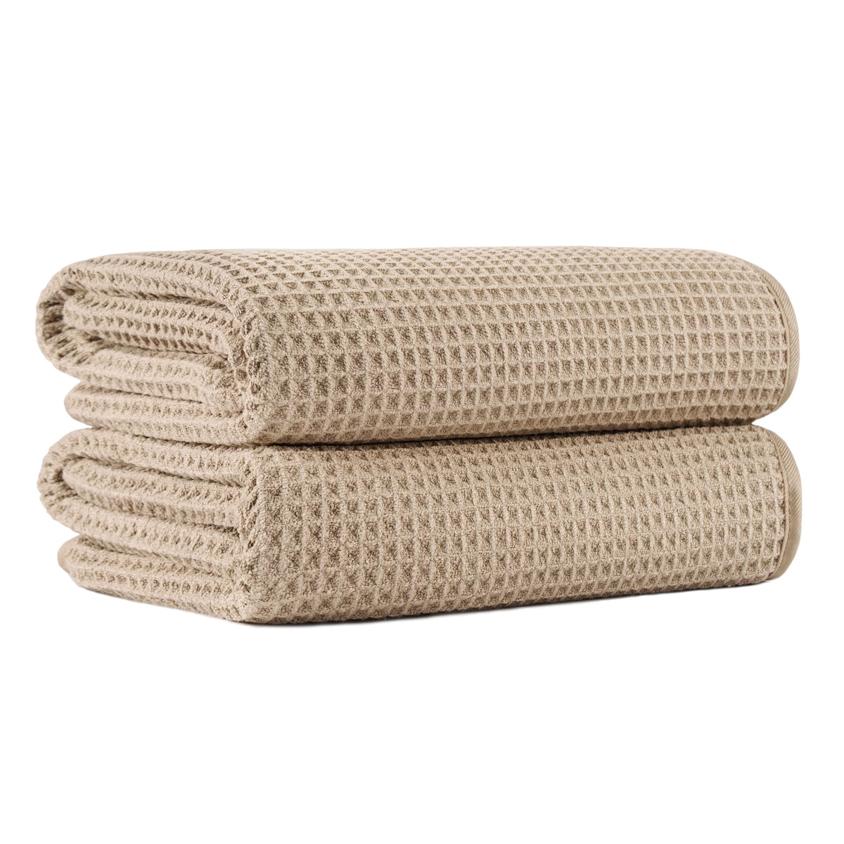 MICROFI waffle bath towels beige 2pc front view, oversized and soft for a cozy post-shower wrap.
