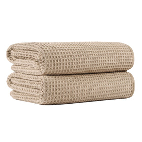MICROFI waffle bath towels beige 2pc front view, oversized and soft for a cozy post-shower wrap.