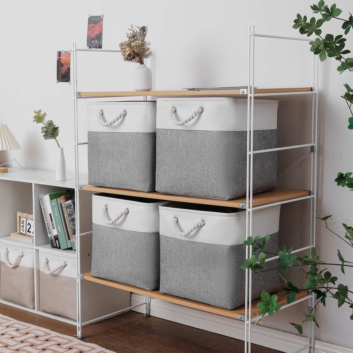 MidmmVick soft linen storage basket with sturdy white handles for easy carrying