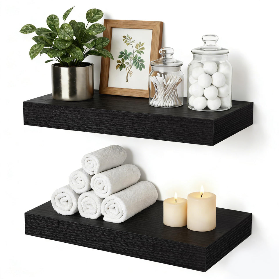 Mifurn floating shelves on bathroom wall over toilet with hidden brackets for sturdy storage.