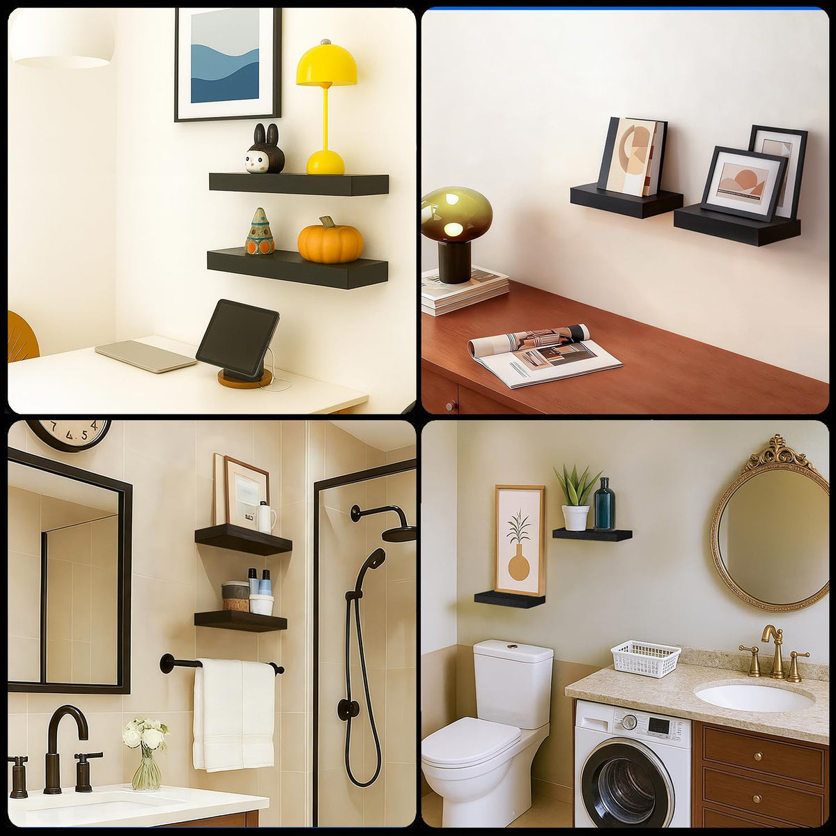 Mifurn bathroom shelves blend with black finish for a sleek, contemporary display.
