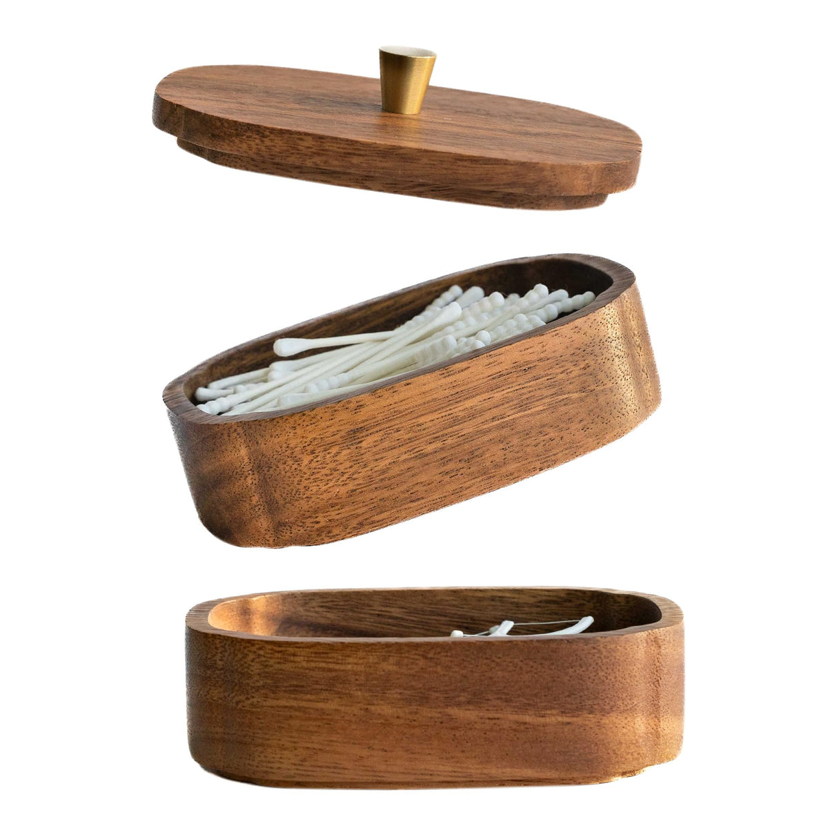 MIGAKU HOME Acacia wood qtip holder with lids keeps bathroom jars dust-free and tidy.