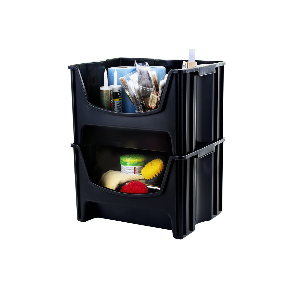 Mighty Tuff Jumbo Stack Bins durable-plastic construction withstands daily use.