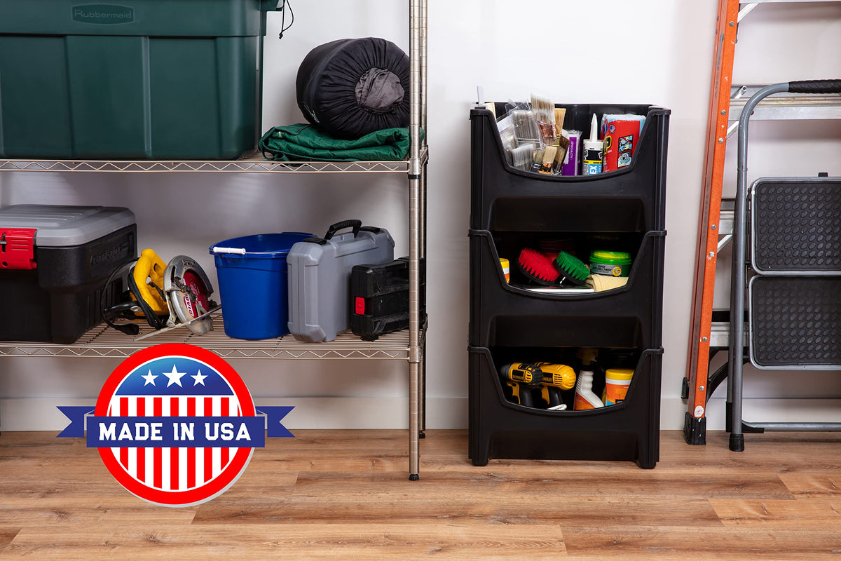 Mighty Tuff Jumbo Stack Bins garage-organization setup with tools and supplies.