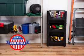 Mighty Tuff Jumbo Stack Bins garage-organization setup with tools and supplies.