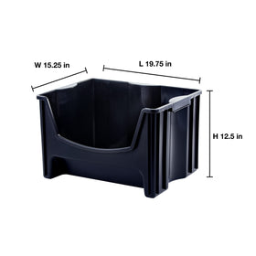 Mighty Tuff Jumbo Stack Bins large-handles enable comfortable carrying of heavy items.