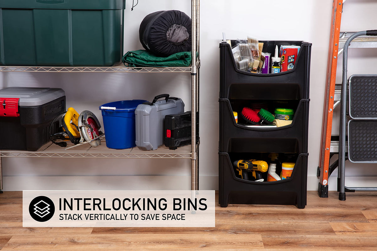 Mighty Tuff Jumbo Stack Bins wide-front-opening provides quick item access.