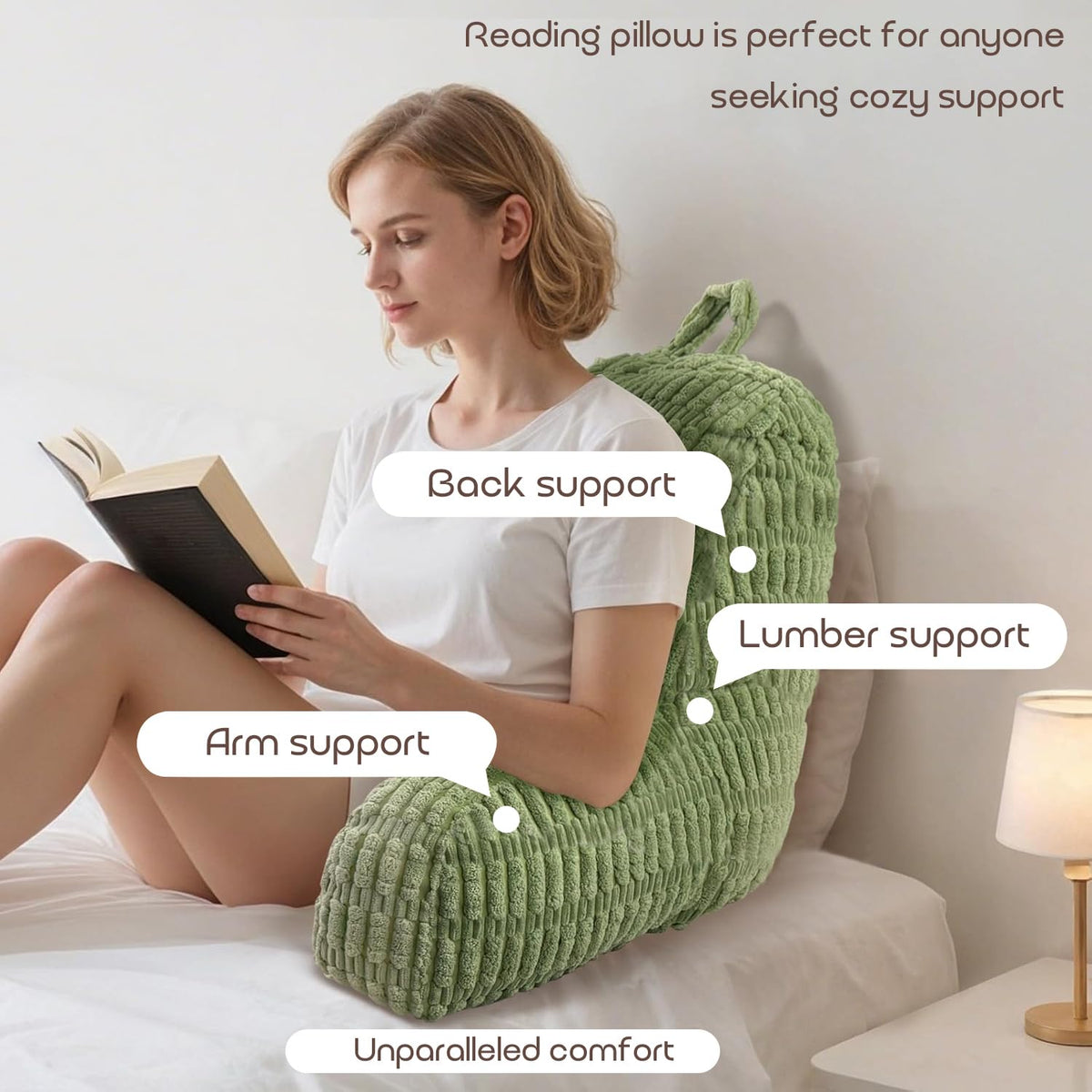 MIJIMO reading pillow showing 11-inch armrests for side support while reading