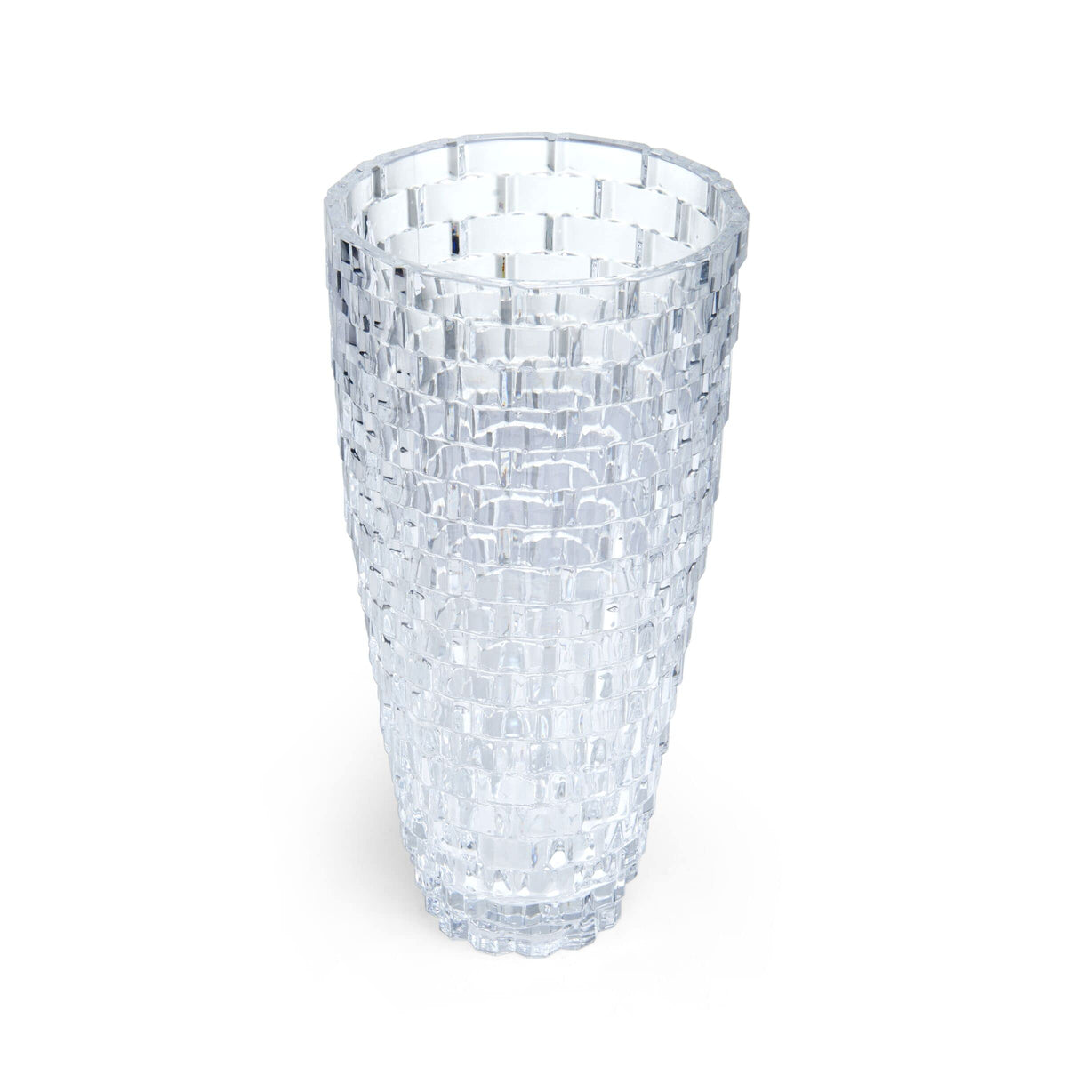 Mikasa Palazzo 12-inch crystal vase centerpiece with fresh flowers.