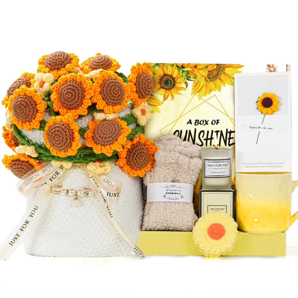 Mikimoony handmade knitted crochet flower bouquet blanket as cozy decorative centerpiece.