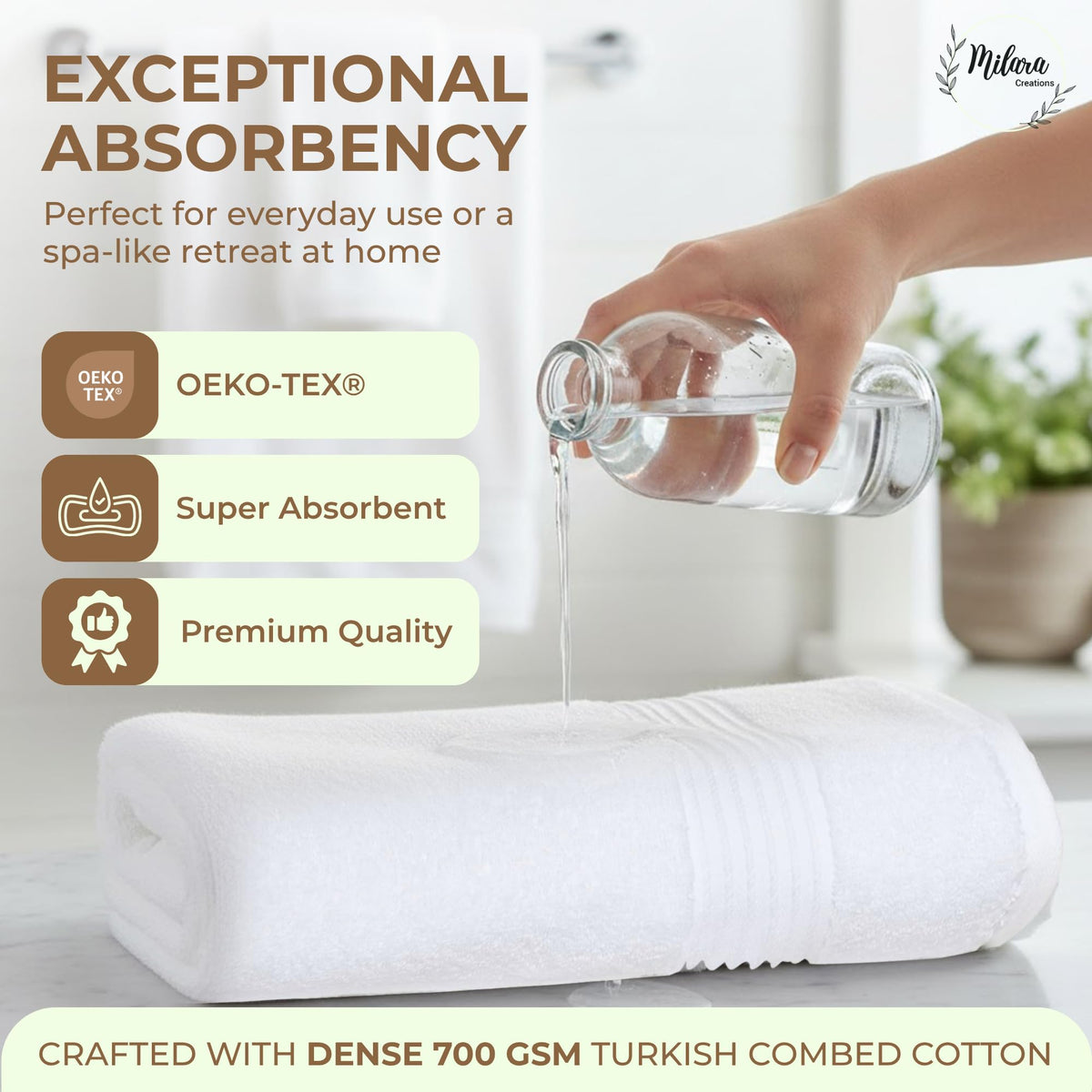 Milara towels with double stitched edges for durability and long lasting use.