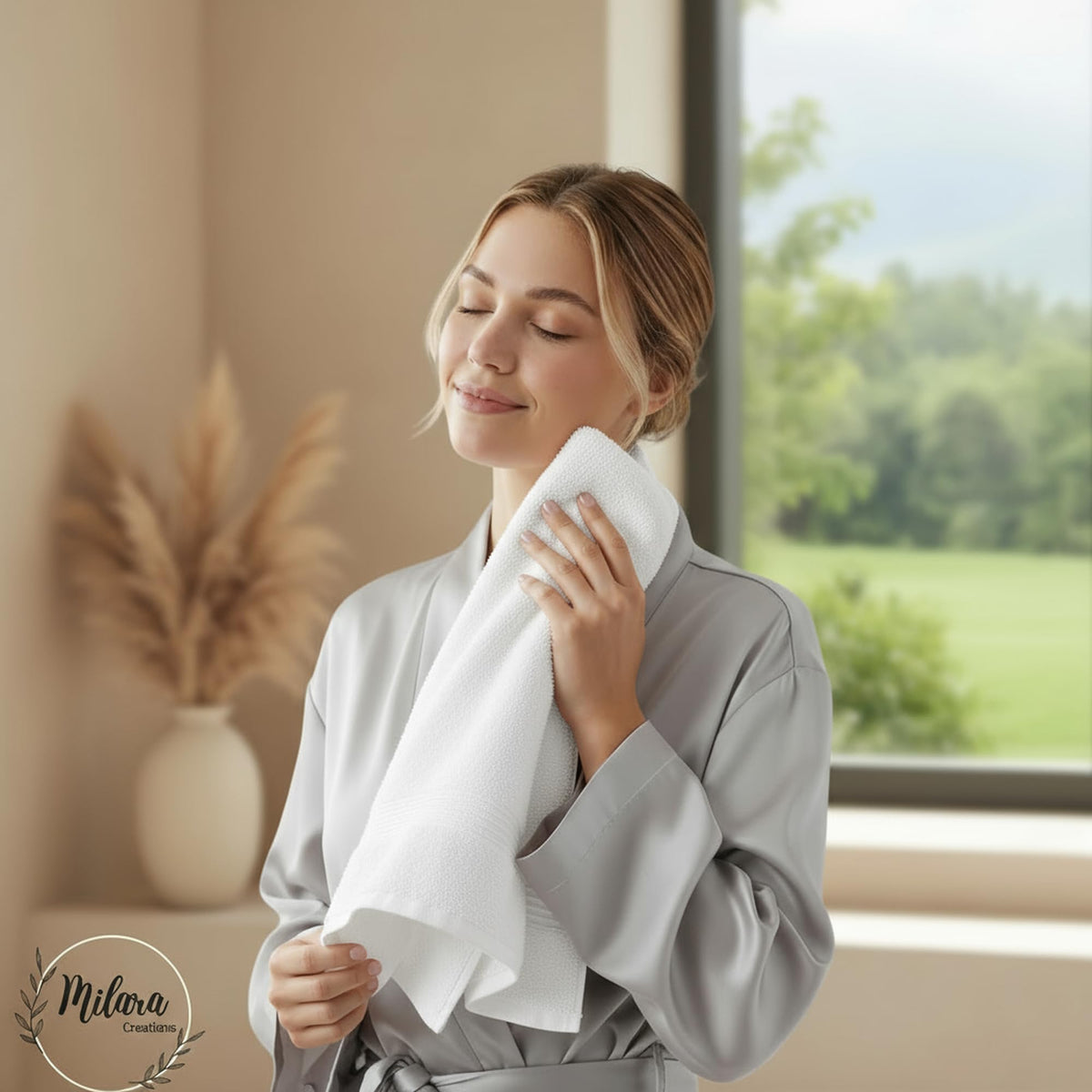 Milara white 16x30 inch Turkish cotton towels for full hand drying.