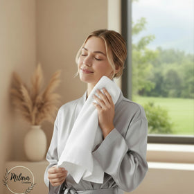 Milara white 16x30 inch Turkish cotton towels for full hand drying.