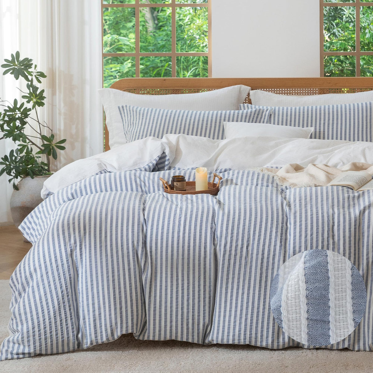 MILDLY blue striped duvet cover shows jacquard texture for a luxe boho look.