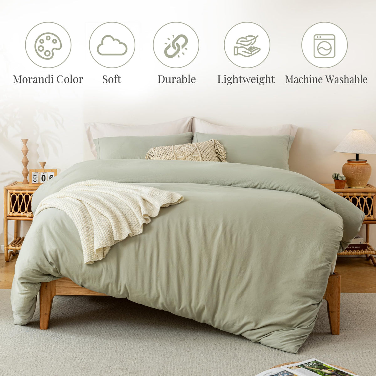 MILDLY duvet cover on a bed demonstrates cozy breathable fabric in October Mist Sage