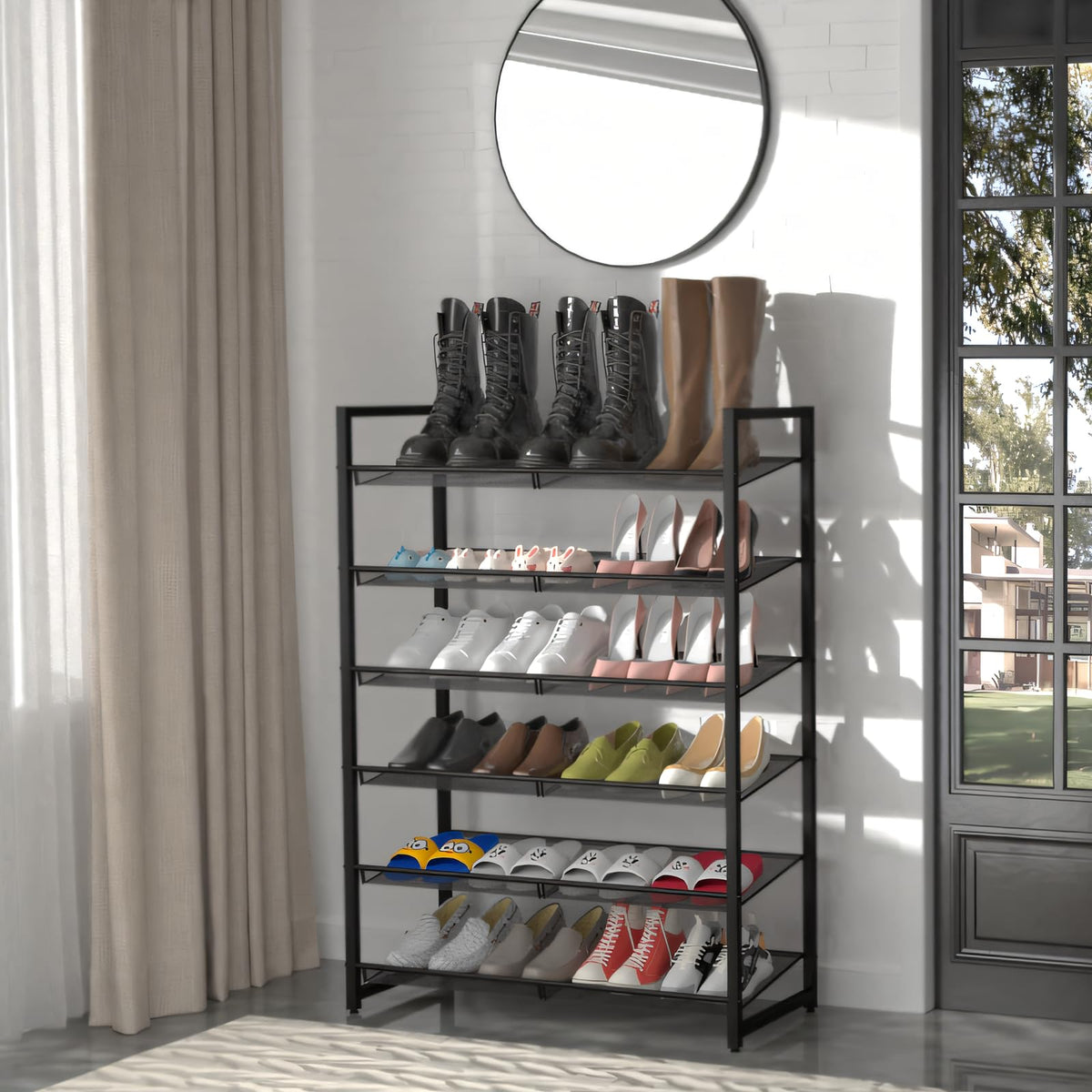 MILEFA 6-tier shoe rack side view demonstrates tall, space-saving silhouette