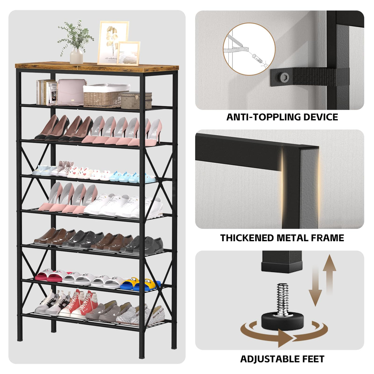 MILEFA mesh shelf supports 22 lb and keeps shoes organized.