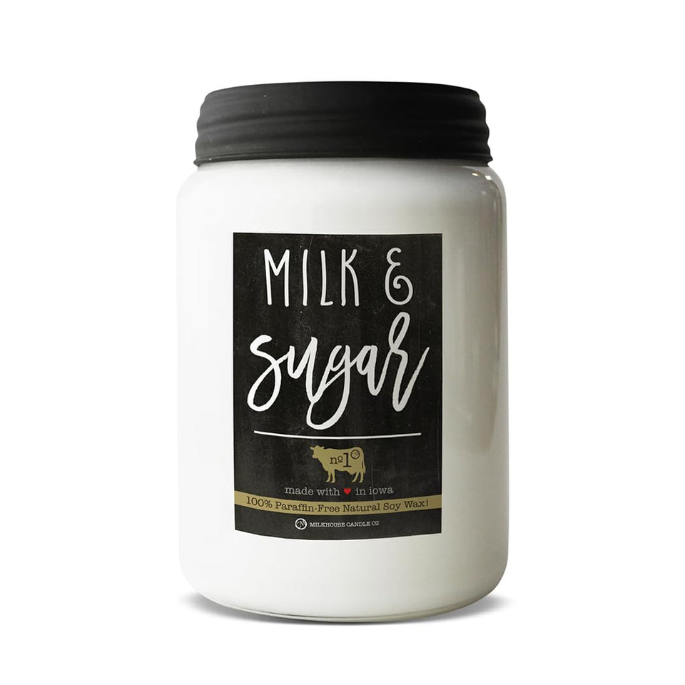 Milkhouse Candle Company Milk & Sugar jar closeup with lid, farmhouse style